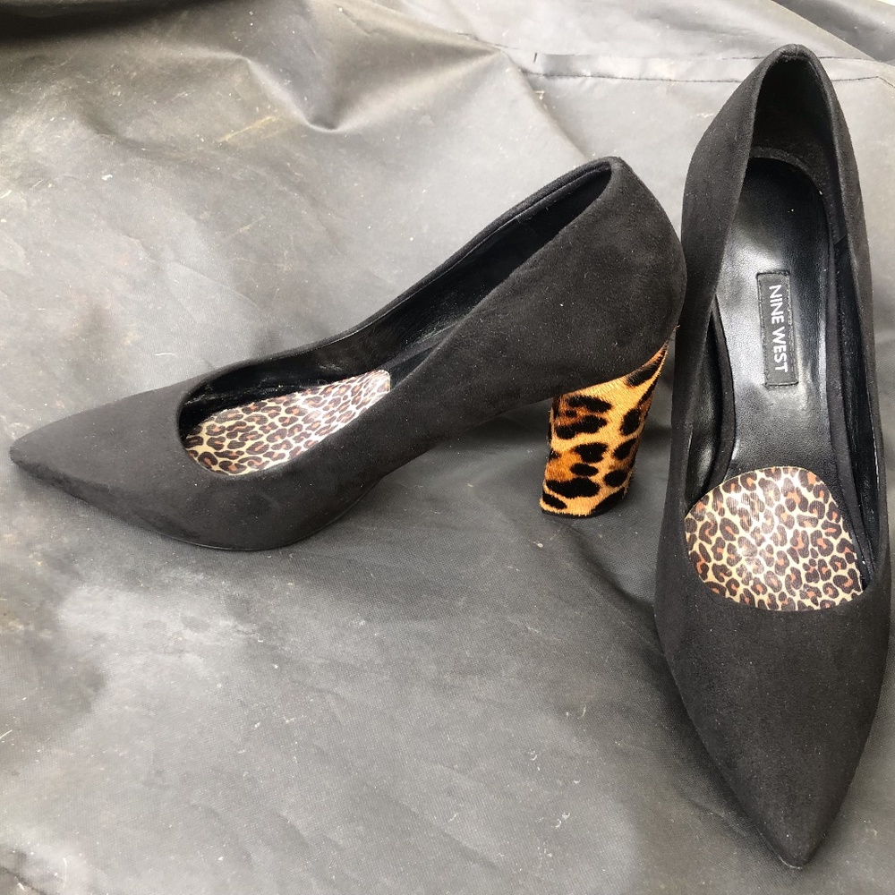 Nine West black leopard heel 8 women's